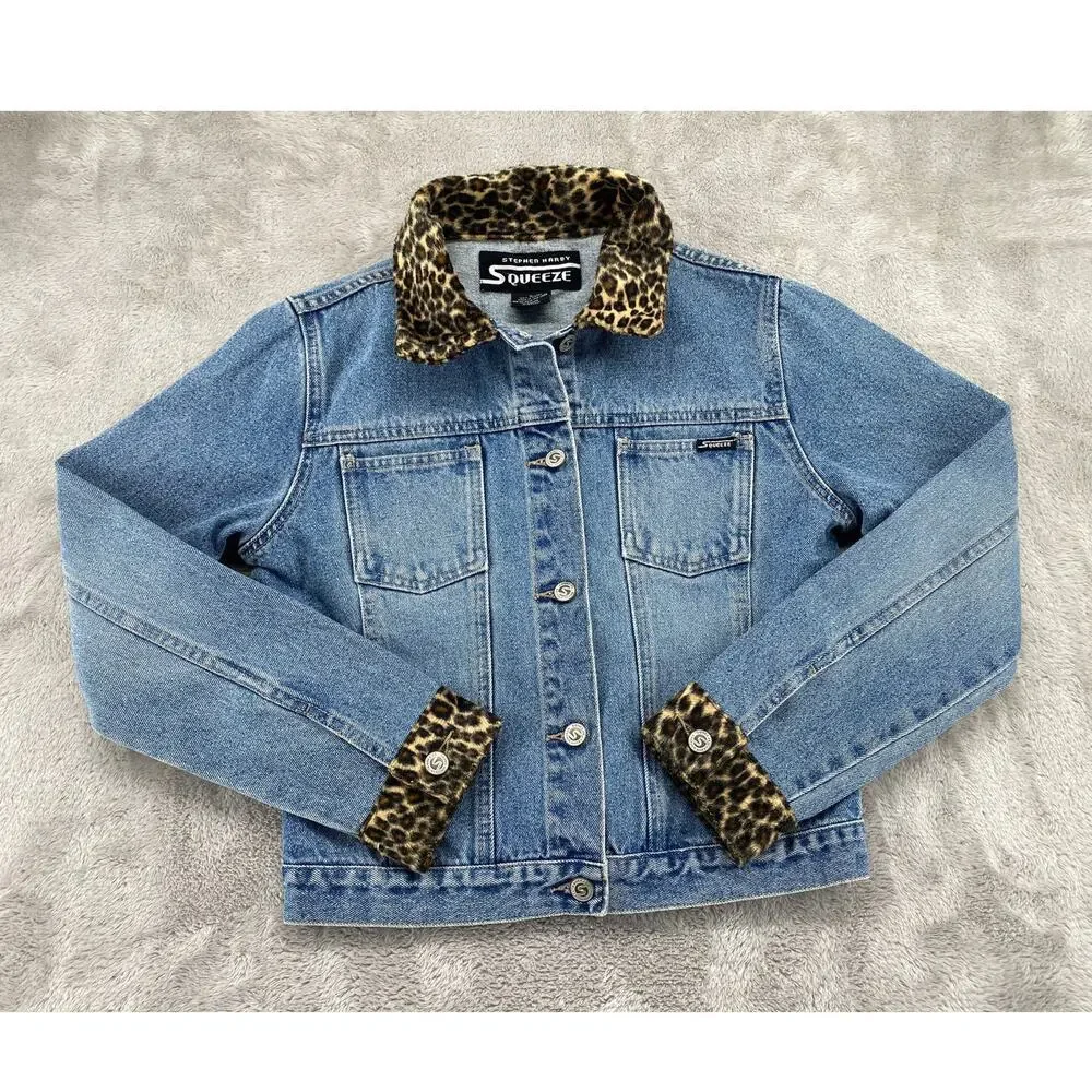 Vintage Squeeze Denim Jacket Leopard Collar Grunge Preppy Women S